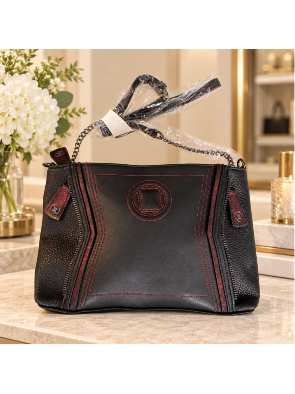 Danielle Nicole Black Handbag with Dark Burgundy Accents Chain Strap